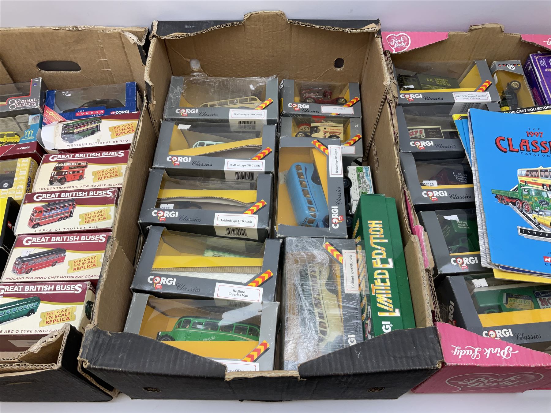 Corgi Classics commercial vehicles to include Bedford O series Van, Bedford type OB Coach, etc, boxed, other boxed Corgi models and boxed Atlas Editions Great British Buses, in three boxes