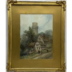 Paul Marny (French/British 1829-1914): Warwick Castle with Old Cottages and Figures in the foreground, watercolour signed 40cm x 29cm