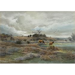 English School (20th century): Horses Grazing in Moorland Landscape, watercolour indistinctly signed 25cm x 35cm