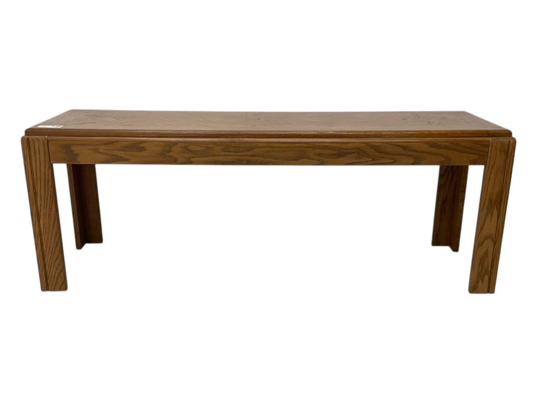 Late 20th century oak coffee table, rectangular top with parquetry inlay, raised on square tapered legs