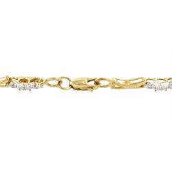 9ct gold diamond bracelet, twelve links set with three diamond chips, each spaced by a gold crossover link, hallmarked