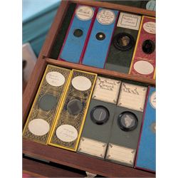 Victorian collector's specimen cabinet, containing a number of prepared microscope slides including miniature photographs, animal and human pathological, physiological and histological specimens and botanical specimens, mostly annotated in ink, the cabinet with glazed door, the drawers with bone handles and lined with green felt, owned by Dr Arthur Bristow, together with a picture of the doctor, cabinet H43cm