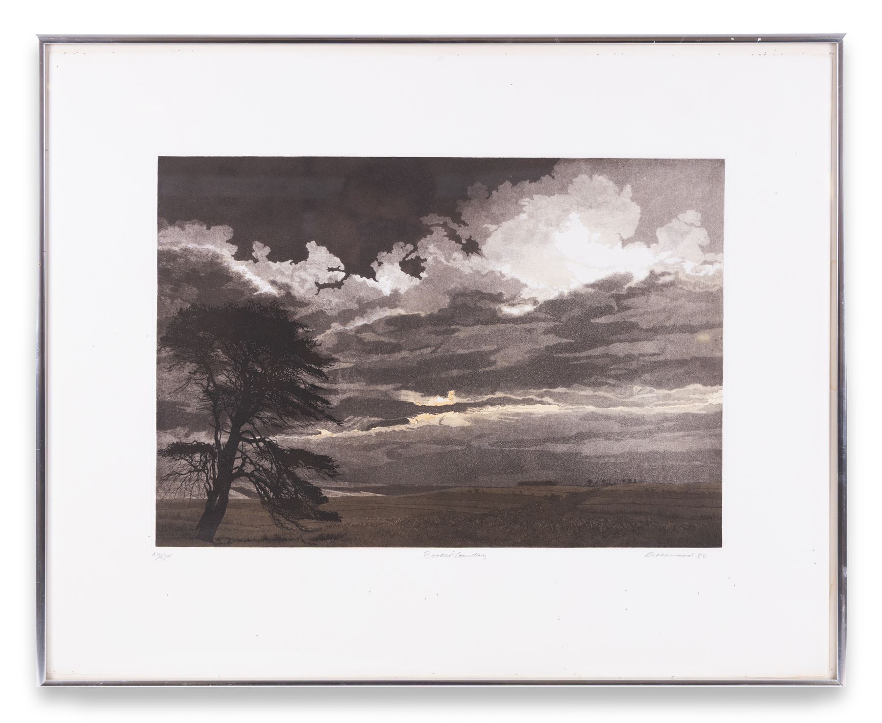 Phil Greenwood (British 1943): 'Border Country', limited edition etching and aquatint signed dated '80 titled and numbered 96/350 with Christie's publishing blind stamp 51cm x 64cm