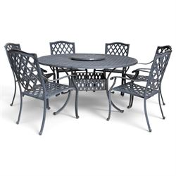 Grey-painted cast metal garden dining suite, comprising circular latticework table on splayed supports (W152cm H72cm), and six matching open armchairs with lattice backs and seats (W61cm H93cm)