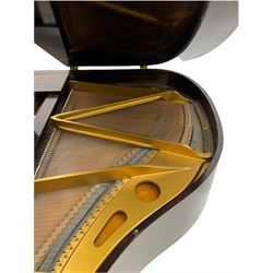 A mid 20th century English baby grand piano by Osbert, with an iron frame and overstrung stringing in a mahogany case,  conforming Lyre with sustain and una corda pedals and music desk, with original stringing, hammer action, dampers and felts, 7-1/4 octaves with 88 original ebony and ivory covered keys, with stool