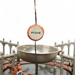 Marklin tin plate lever operated horse racing game with nine numbered horses slotted into tinplate track, wooden box with lift off lid 36cm square