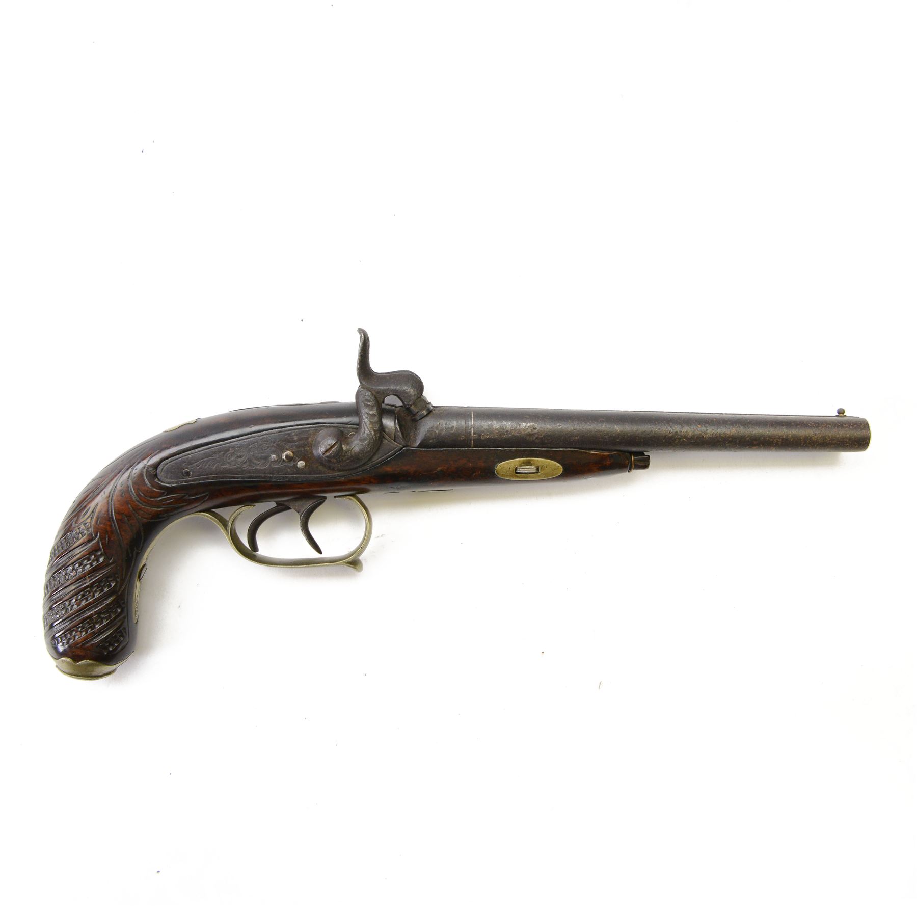 Mid-19th century french double-barrelled percussion pistol the side by side 10 mm cal. barrels, with rib marked 