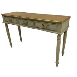 Distressed painted console table, fitted with three drawers