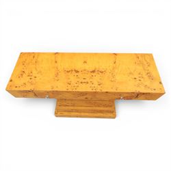 Art Deco style burr walnut console table, rectangular top fitted with a single frieze drawer with chrome pull handles, on stepped pedestal support and plinth base