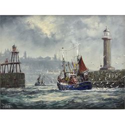 Jack Rigg (British 1927-): Fishing Boats Leaving Whitby Harbour with St. Marys Church and the Abbey in the background, oil on canvas signed, dated 1991 verso 34cm x 44cm