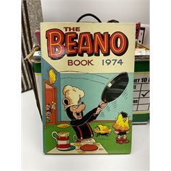 Collection of silver plated cased cutlery including part canteens and butter knives, together with other metal ware including J&J Siddons iron, horse brasses and a copper kettle, 1970s children's annuals including Beano, two handbags and three suitcases, vintage tins etc, in four boxes 