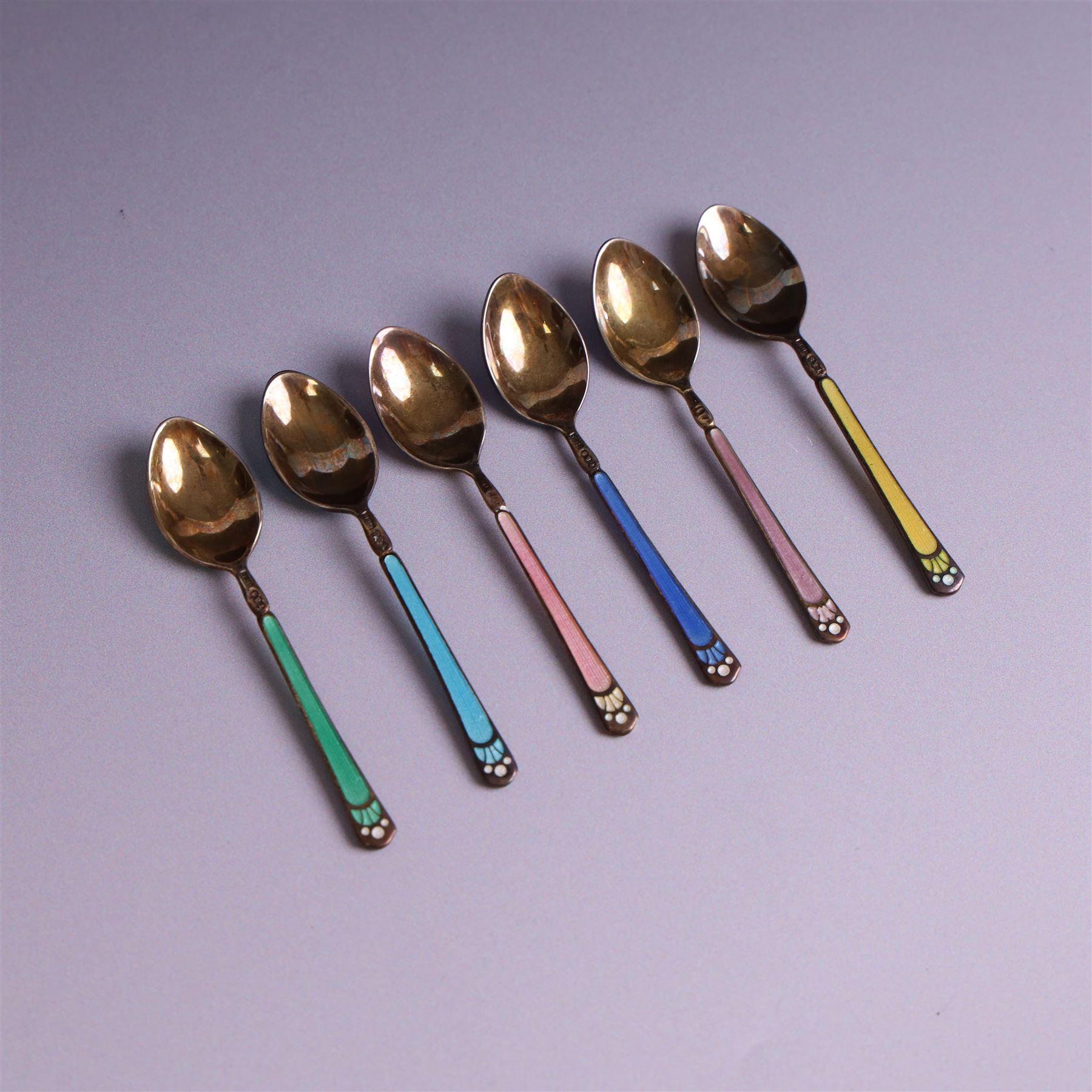 Set of six mid 20th century harlequin enamel coffee spoons, hallmarked Turner & Simpson Ltd, Birmingham 1960, in fitted case