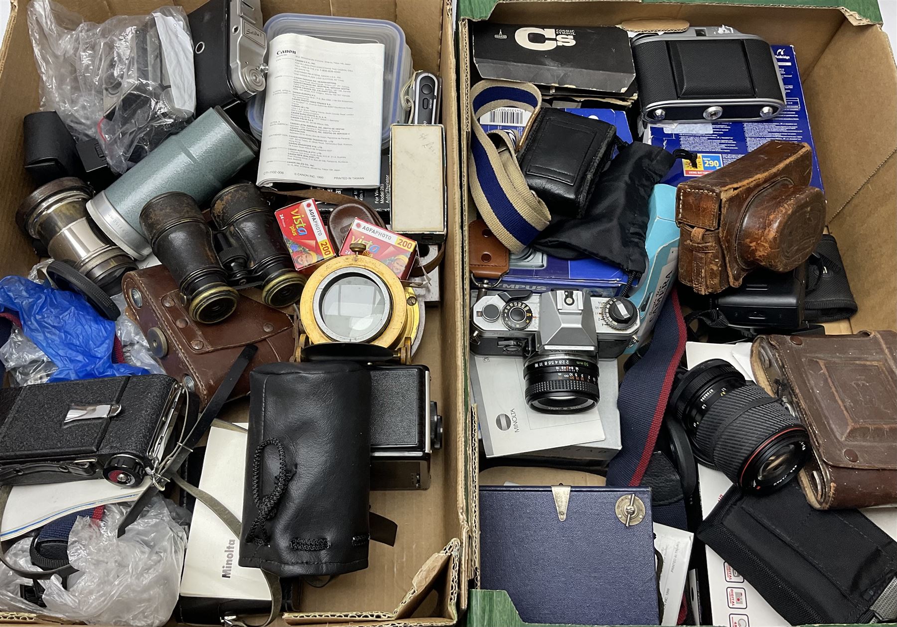 Vintage and later cameras and acessories including Yashica FX-D quartz with Yashica 'ML 50mm 1:2' lens, Kershaw eight-20 Penguin folding camera, 
 box cameras etc, various lenses including Tokina SD '70-210mm 1:4-5.6' etc and other camera related items, all untested, in two boxes