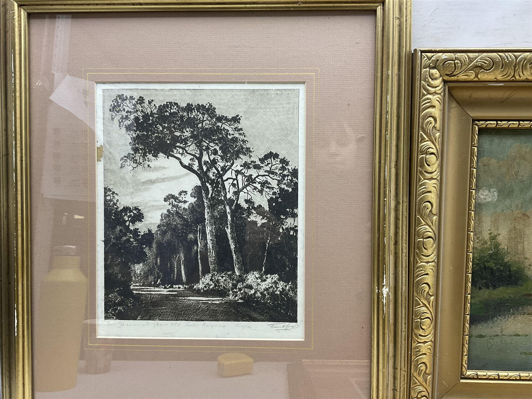 Three oil paintings and two etchings, faintly or indistinctly signed, largest 28cm x 39cm (5)