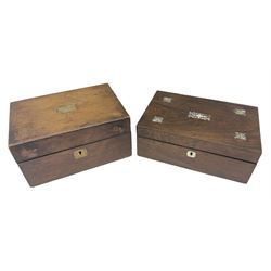 Wooden Victorian sewing box, inlaid with mother of pearl, and a yellow fitted interior and compartmental tray, together with another rectangular wooden box, largest example H13cm 
