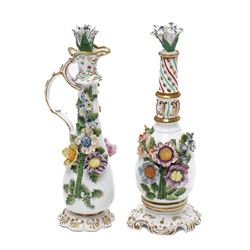 19rh century German porcelain centrepiece with pierced cover decorated with applied flowers and figures at the base H31cm,  near pair of scent flasks with applied flowers and a two-handled vase