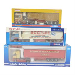 Five 1:50 scale diecast models, comprising Universal Hobbies Collectors Edition Renault Truck and four Corgi examples, including Hauliers of Renown CC13711 Scania R Series Bulk Tipper James Innes & Son, Limited Edition Prestons of Potto, CC12420 Volvo FH Globetrotter Fridge Trailer Scotlee Transport and CC15102 JCB 3C MkI, all boxed