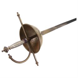 Pappenheimer rapier with L98cm double edged blade, looping narrow bar guard and wire bound grip together with Cup guard rapier, stamped Toledo in leather scabbard 