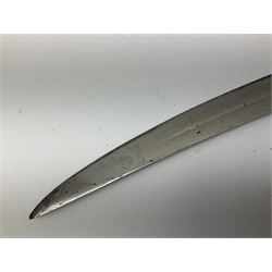 19th Century Indian Tulwar sword with 77cm single edged, slightly curved fullered blade;  steel crossguard, langets, grip and spiked disc pommel with stiff leaf decoration L90cm overall