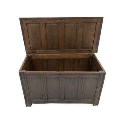 18th century oak blanket box, quadruple panelled lid and front, moulded stile supports