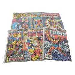 Thirty-five Marvel Bronze Age and later comic books, comprising sixteen 'The Avengers' #263, #274, #275, #276, #277, #278, #279, #281, #283, #285, #289, #291, #294, #295, #296, #297, King Size The Avengers Annual #7, 'Marvel One-Shot Thanos The Final Threat', 'Marvel Premiere Featuring Iron Fist' #24, True Believers 'Wolverine vs Hulk', 'The Thing' #1, four The Invincible Iron Man #59, #63, #71 and #100, eight Marvel Two in One 'The Thing' #2, #6, #11, #12, #18, #46, #50, #62 and #88 and one copy of 'The Sensational She-Hulk #4, mostly bagged