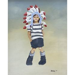 Brian Shields 'Braaq' (Northern British 1951-1997): Self Portrait as a Young Boy with Native American Headdress, oil on canvas signed and inscribed 'Ann' 24cm x 19cm