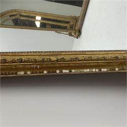19th century gilt wood and gesso overmantel mirror, cartouche and laurel wreath cresting pediment, the surround moulded with husks and beading, scrolled acanthus leaf and Greek key brackets