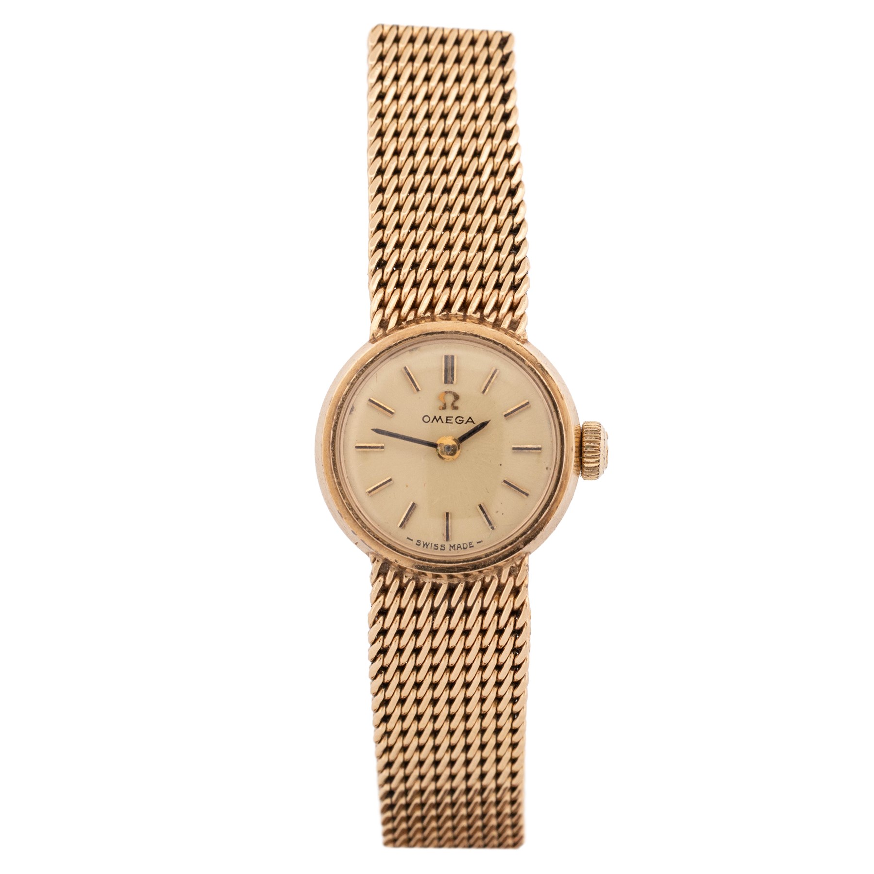Omega ladies 9ct gold manual wind wristwatch, Cal. 244, white / cream dial with dagger and Arabic hour markers, case by Dennison, Birmingham 1958