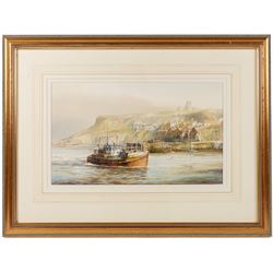David C Bell (British 1950-): ‘Local Fisherman Arriving Whitby’, watercolour signed, titled and dated 1988 verso 25cm x 43cm