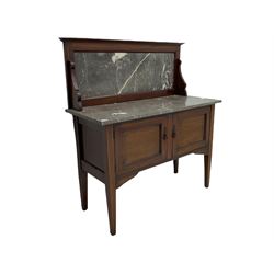 Edwardian inlaid mahogany washstand, raised grey and white marble back and top, fitted with double cupboard, square tapering supports