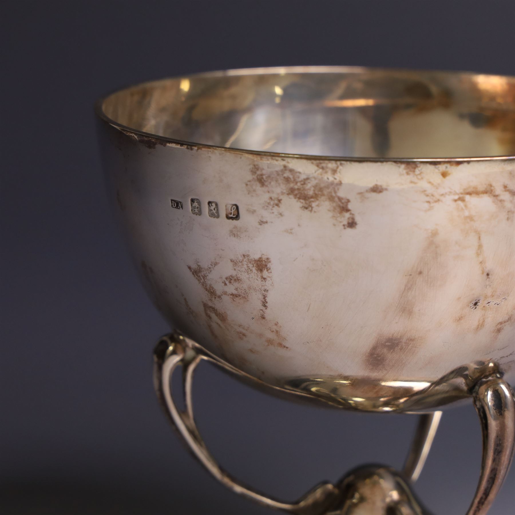 Art Nouveau silver trophy cup, engraved circular bowl upon three naturalistic curved supports,and a circular foot, engraved 'Cairo's Open Cup' to body, H11cm