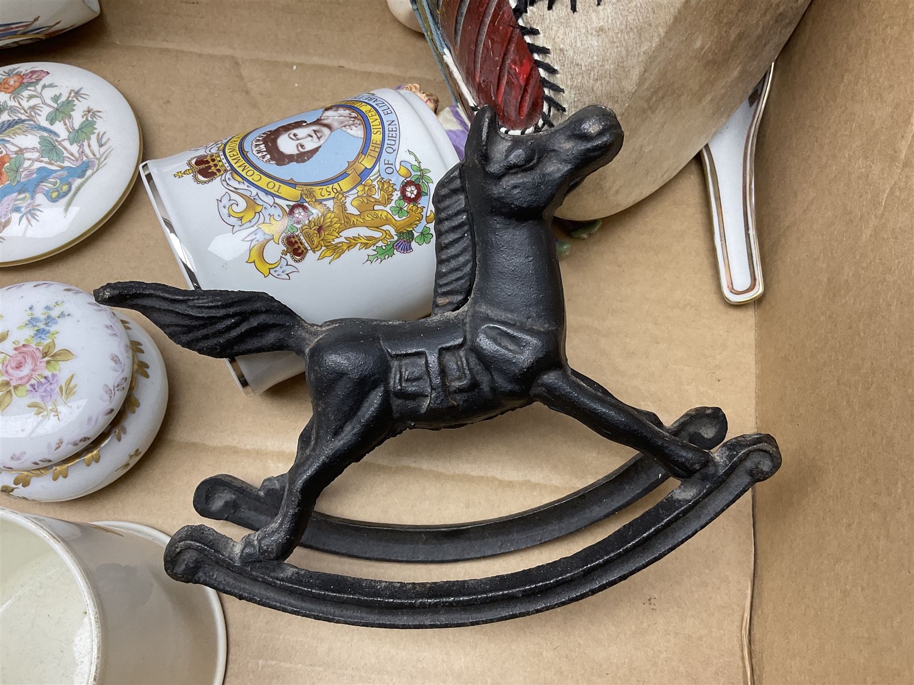 Wedgwood jasperware trinket box, commemorative ware, blue and white ceramics and a collection of other ceramics and collectables in five boxes