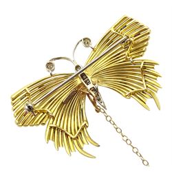 18ct gold butterfly, the body and antennas set with diamonds, the wings set with emeralds, rubies and sapphires, stamped 750