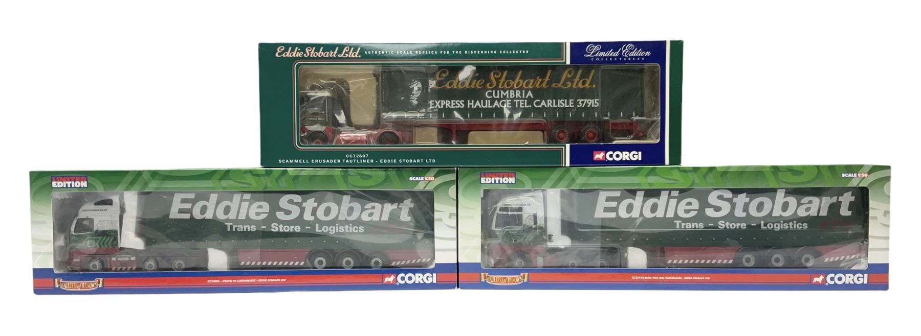 Corgi Eddie Stobart - three limited edition lorries; two Hauliers of Renown - CC13415 MAN TGA XXL Curtainside and CC14002 Volvo FH Curtainside; and  CC12607 Scammell Crusader Tautliner; all boxed (3)