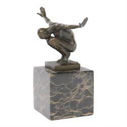 After Miguel Fernando Lopez Power of Silence, modelled as a athlete crouched with arms outstretched, signed Milo, upon a marble plinth, H15cm