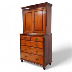 George III oak and mahogany banded house keeper's press cupboard, projecting cornice over figured mahogany frieze with Tunbridge ware pattern bands, two panelled doors enclosing shelves, fitted with two short over three long drawers, flanked by reeded columns throughout, on turned feet
