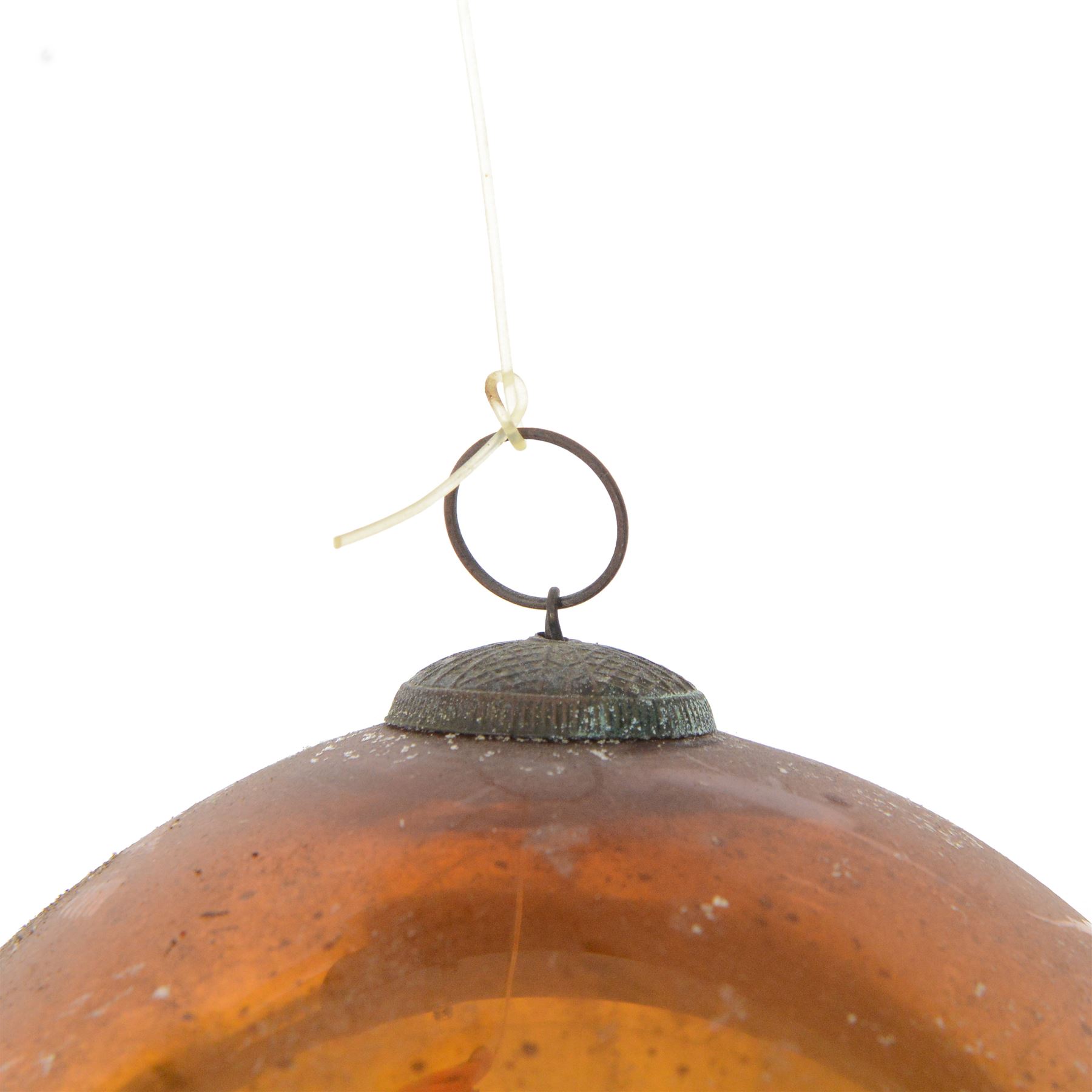 Two gold coloured glass witches ball, one with bottle neck, the other with metal hanging pendant, largest D18cm