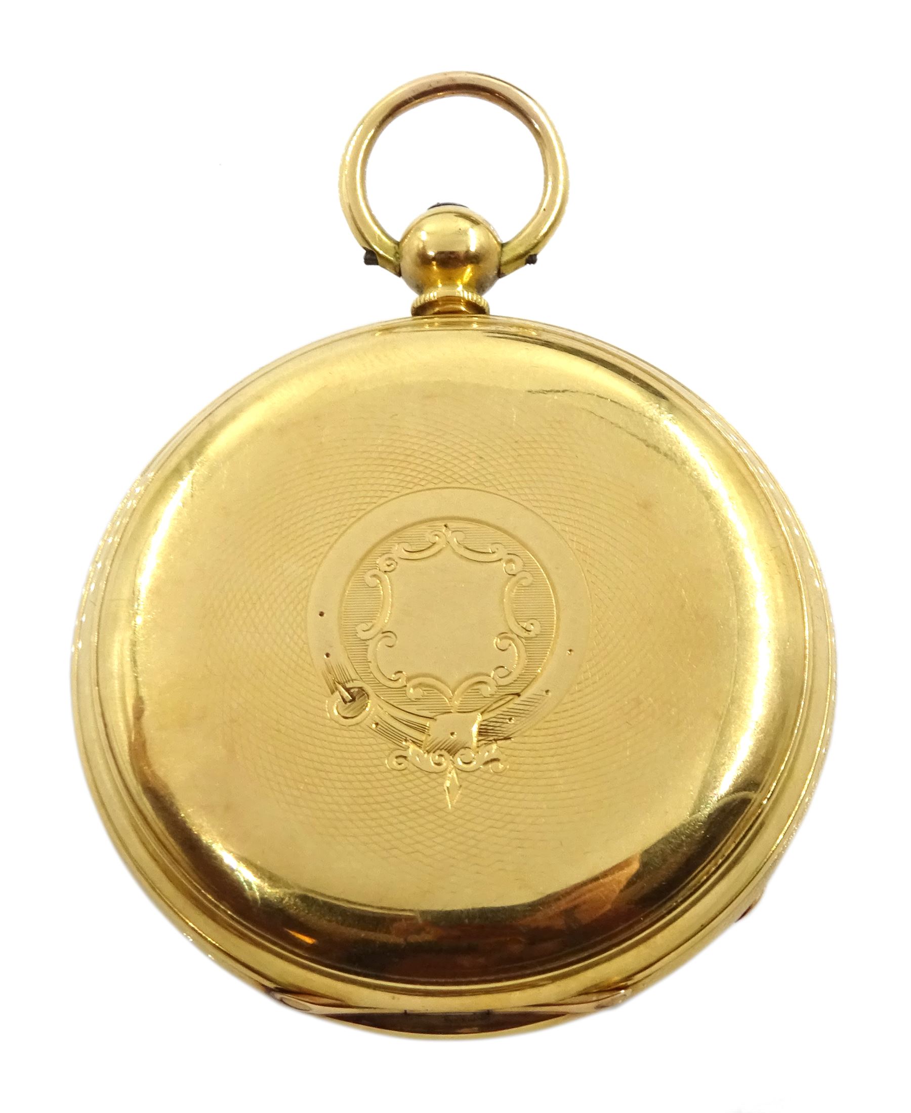 Victorian 18ct gold lever fusee pocket watch, No. 92828, engraved balance cock with flower decoration and diamond endstone, white enamel dial with Roman numerals and subsidiary seconds dial, the inner case inscribed 'William Brackenbury Darlington', Birmingham 1883