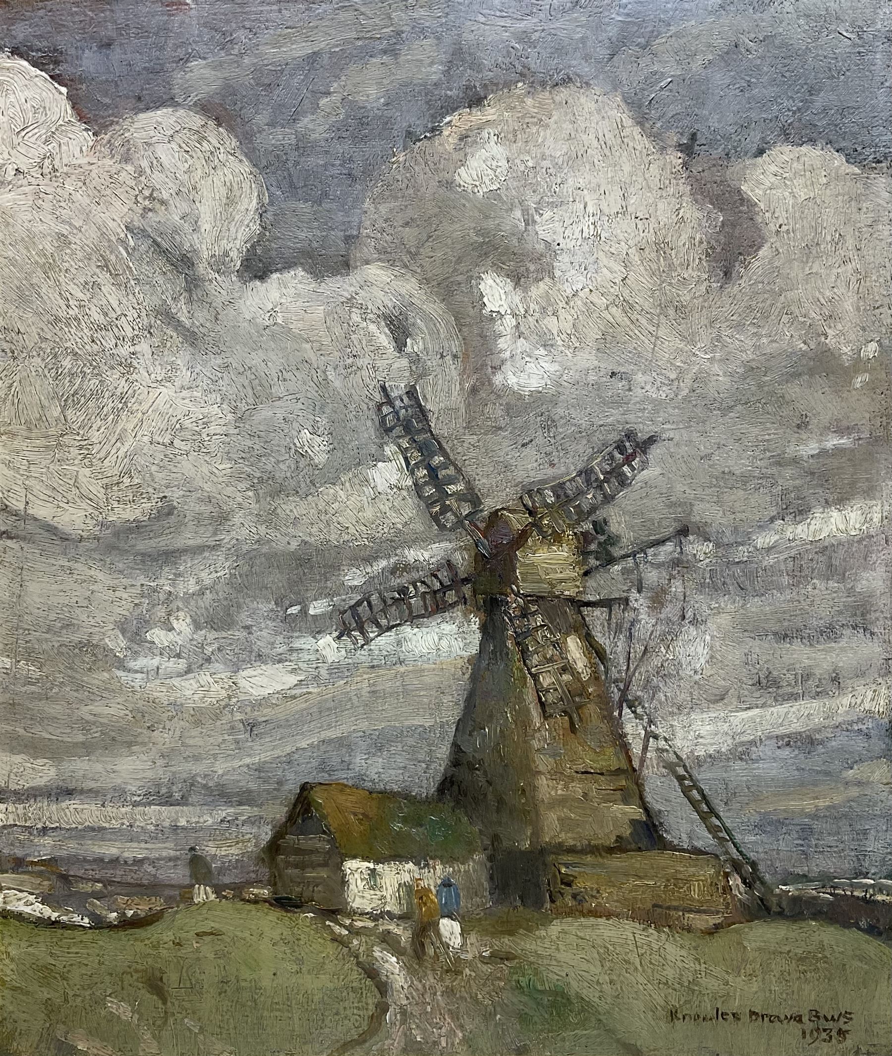 Reginald Frank Knowles Drewe (British 1878-1951): Windmill under Heavy Clouds, oil on artist's board signed and dated 1935, 36cm x 30cm