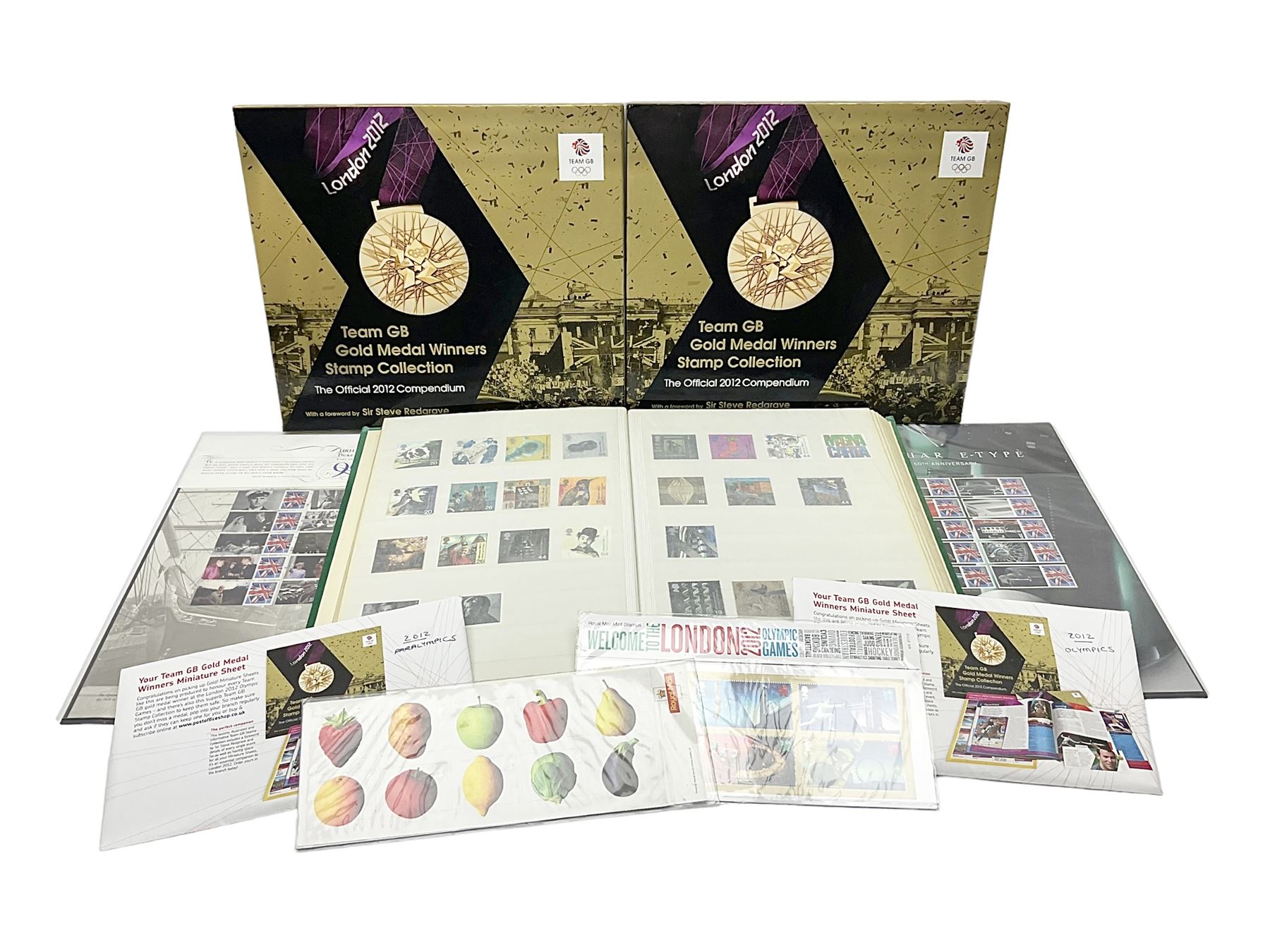 Queen Elizabeth II mint decimal stamps, mostly London 2012 Olympic games 1st class, face value of usable postage approximately 535 GBP