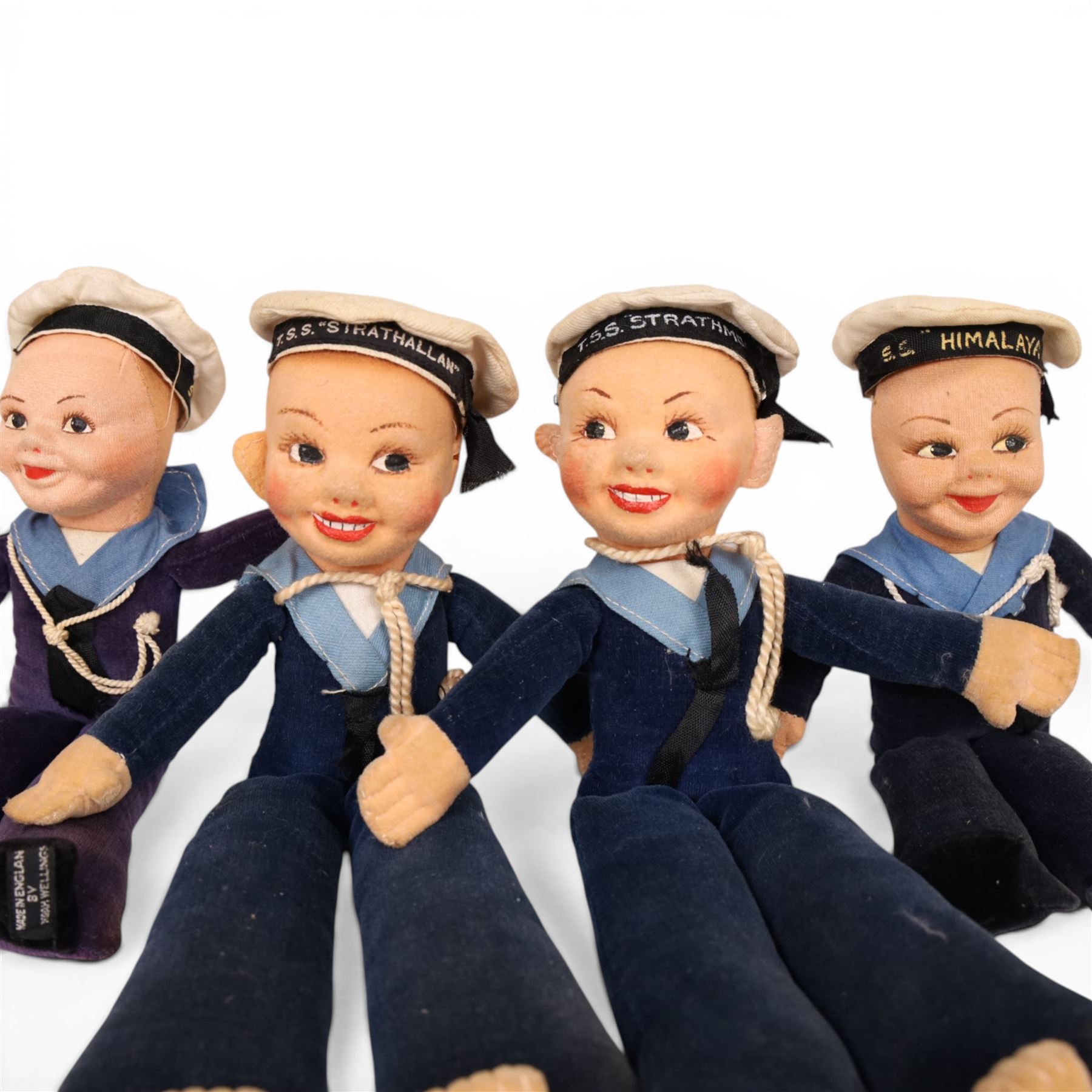 Four Norah Wellings P&O sailor dolls with booklets, comprising SS Himalya, SS Arcadia, TSS Strathallan and TSS Strathmore