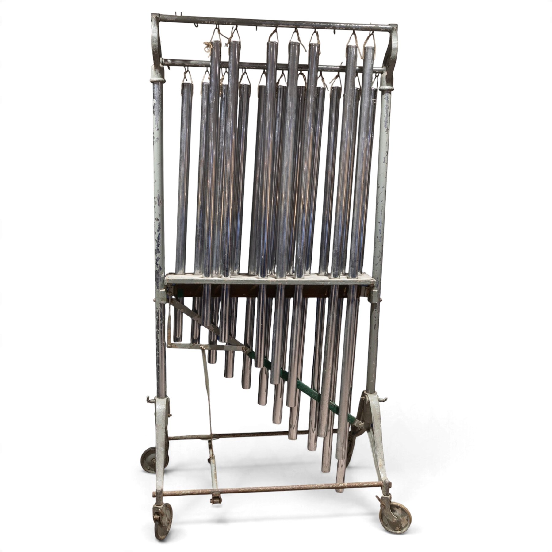 Boosey & Hawkes Ltd, London orchestral tubular bells/chimes, the chromed tubes pitch-marked and suspended on painted metal frame, frame H186cm