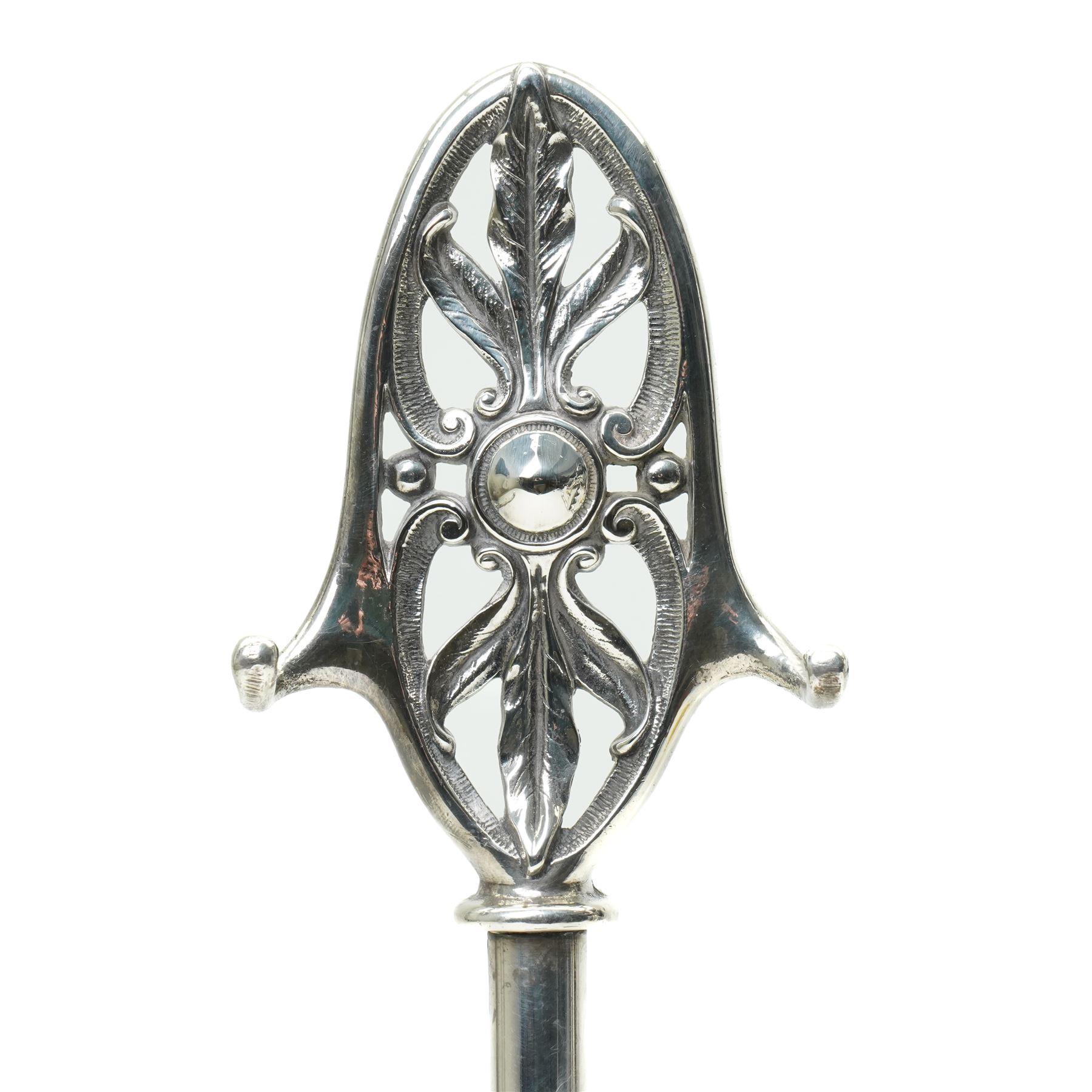 Pair of silver plated companion stands with pierced oval finials on square bases H53cm