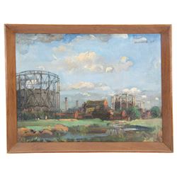 George Herbert Buckingham Holland (British 1901-1987): Industrial Scene - Northampton Power Station, oil on canvas signed and dated '28, 30cm x 40cm
