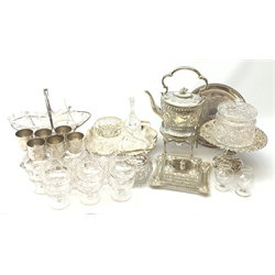 A quantity of assorted silver plate and other metalware, to include a spirit kettle, pedestal bowl, swing handled tray, salver, various goblets, cruets, assorted flatware, plus a selection of glassware, to include a cut glass jar and cover, rose bowl, drinking glasses, etc. 