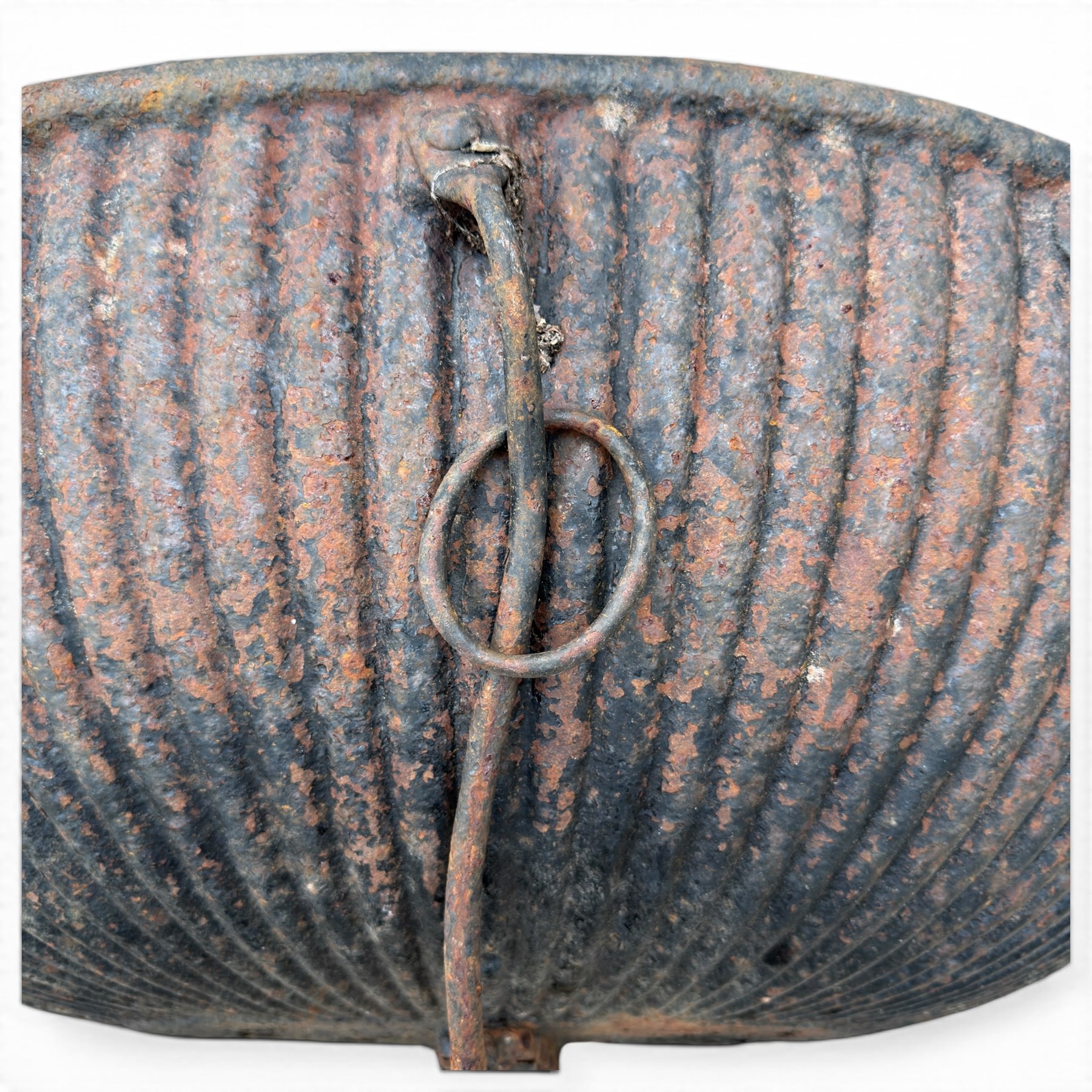 Pair of Victorian wrought iron D-shaped planters, rolled rim over a gadrooned body with fixing holes and ring to the front