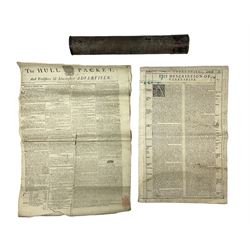 After John Speed early 17th century map of Yorkshire dated 1610; atlas text verso and later hand colouring 40 x 52cm (folded); and 1791 edition of Hull Packet and Yorkshire and Lincolnshire Advertiser newspaper dated 29th March (folded and rolled single sheet); in toleware tube (2)
