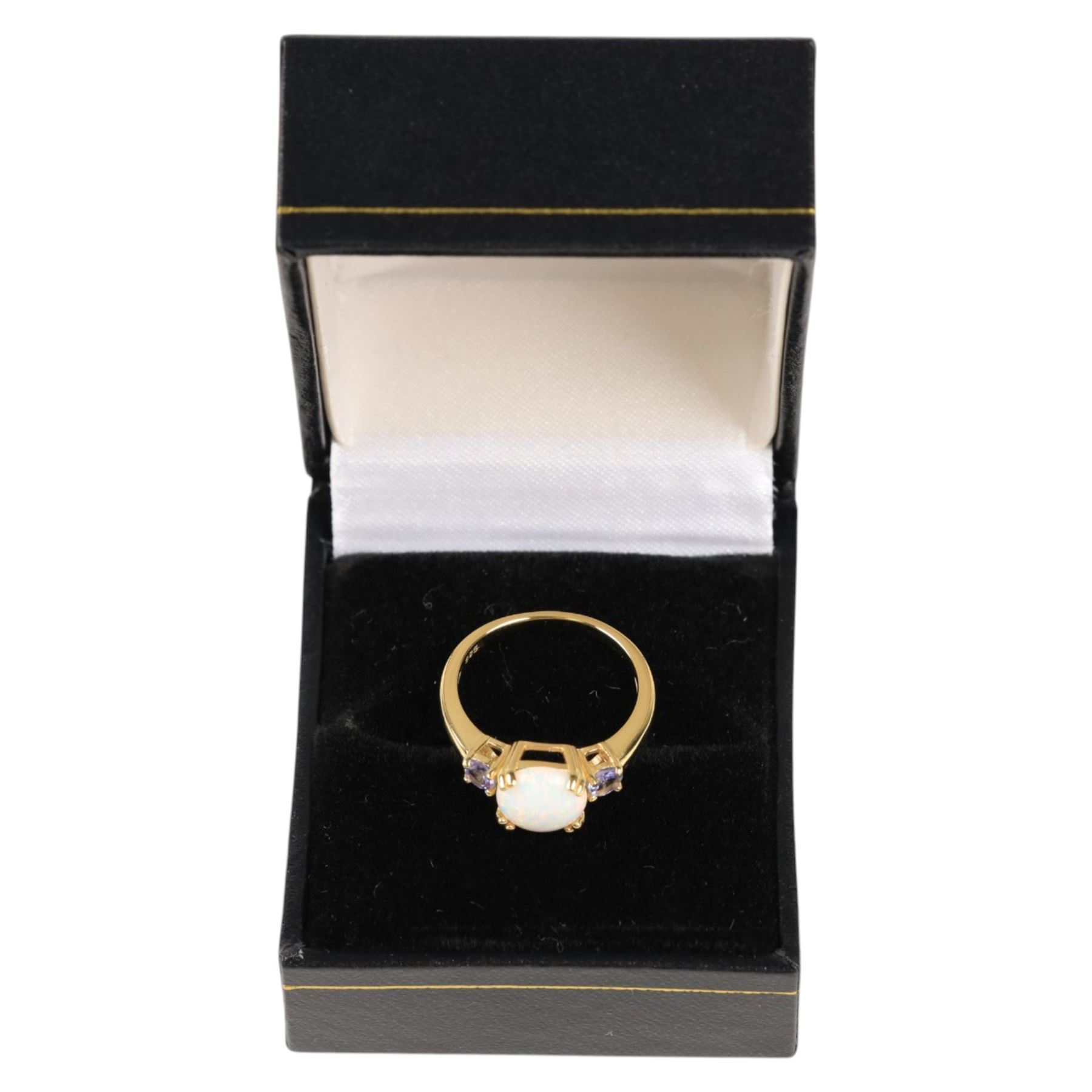 Silver gilt opal and tanzanite ring, boxed
