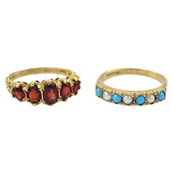 Gold five stone garnet ring and a gold turquoise and pearl ring, both hallmarked 9ct