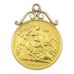George V 1912 gold half sovereign, with 9ct gold soldered mount